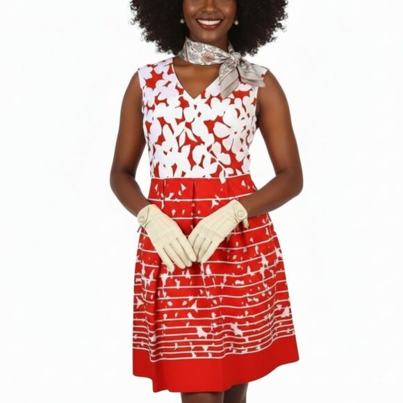 Studio One Dresses & Skirts - Studio One Red-Orange White Floral A-Line V-Neck Travel Dress 60s 70s Mod Sz 4